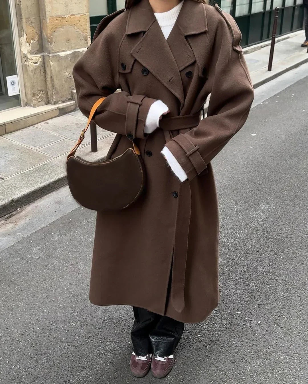 Cozy Brown Wool Winter Trench Coat for Women with Notched Lapel Long Sleeve Double Breasted Oversized Style
