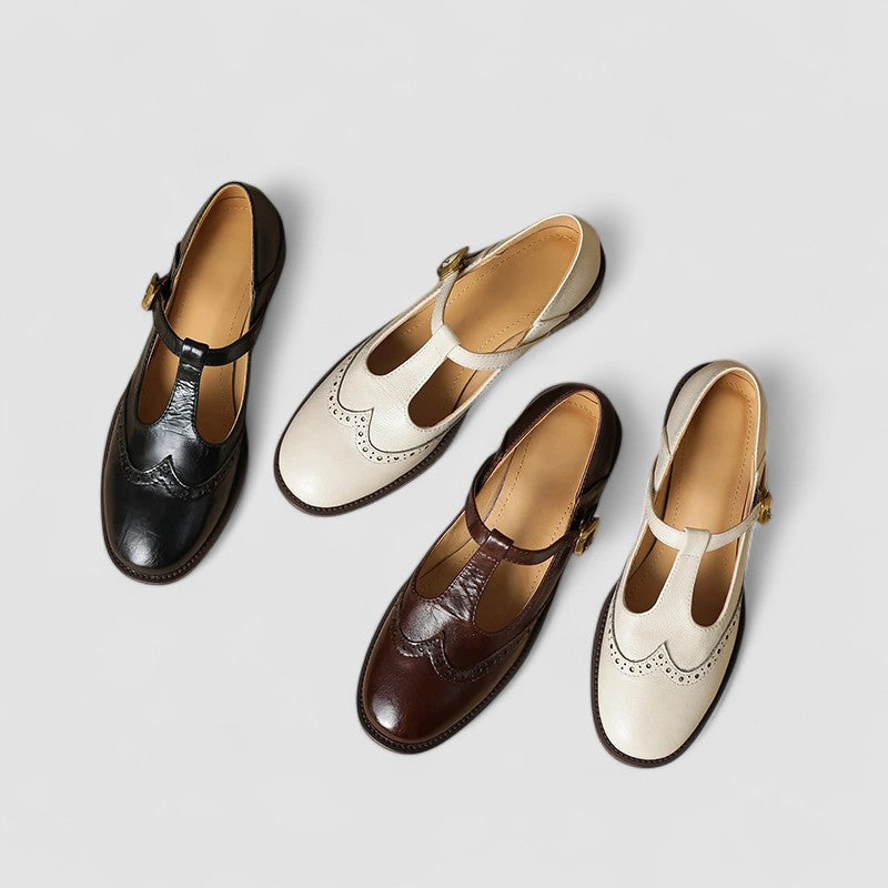 Chic Leather T-Strap Brogue Mary Jane Flats for Women with Buckle Round Toe Low Block Heel Style