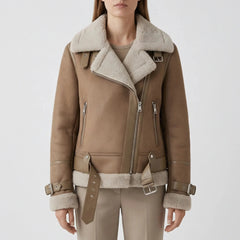 Warm Aviator Jacket for Women with Suede Collar Long Sleeve Zip Up Faux Shearling Belted Style
