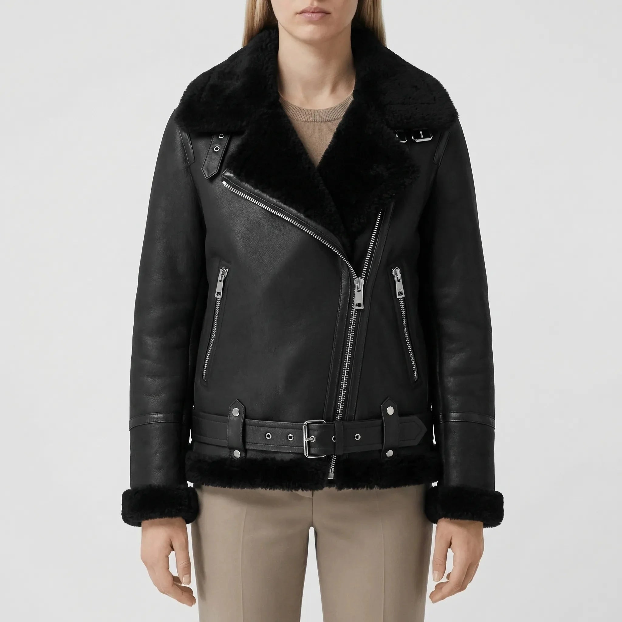 Warm Aviator Jacket for Women with Suede Collar Long Sleeve Zip Up Faux Shearling Belted Style