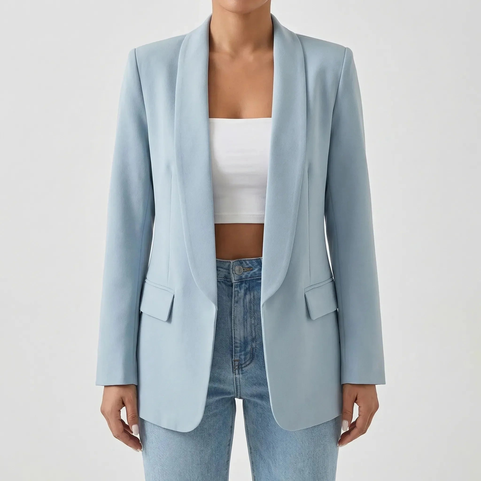 Elegant Blazer for Women with Shawl Collar Long Sleeve One Button Open Front Longline Style