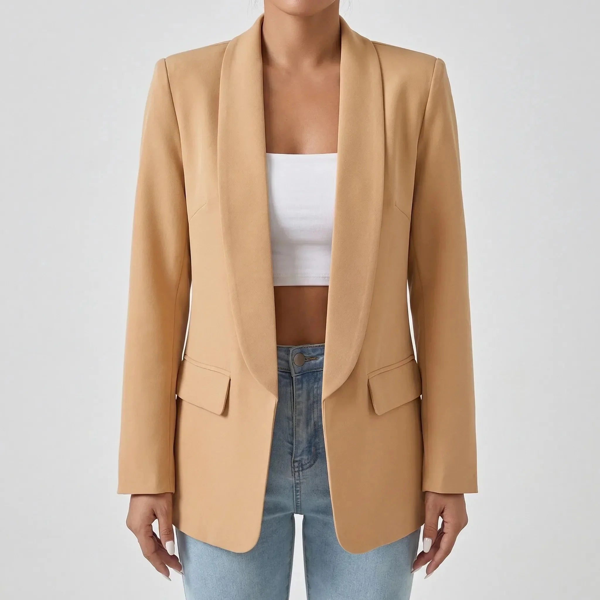Elegant Blazer for Women with Shawl Collar Long Sleeve One Button Open Front Longline Style