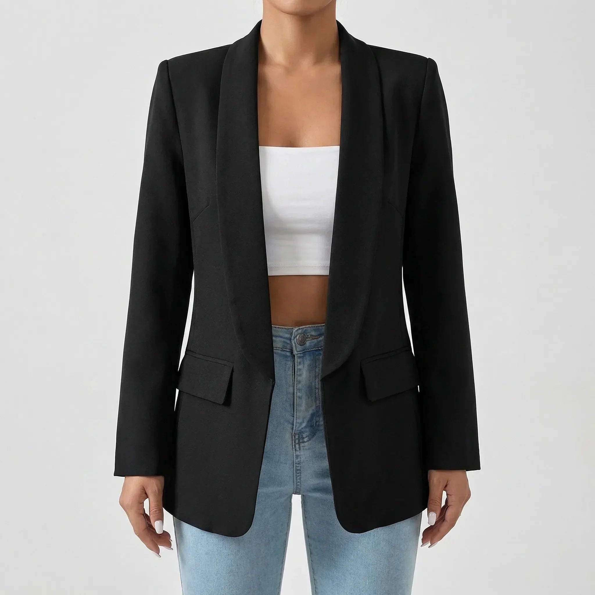Elegant Blazer for Women with Shawl Collar Long Sleeve One Button Open Front Longline Style