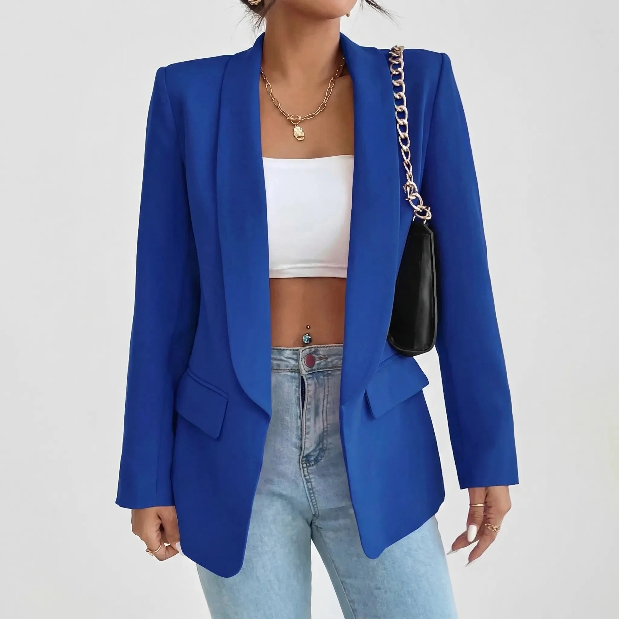 Elegant Blazer for Women with Shawl Collar Long Sleeve One Button Open Front Longline Style