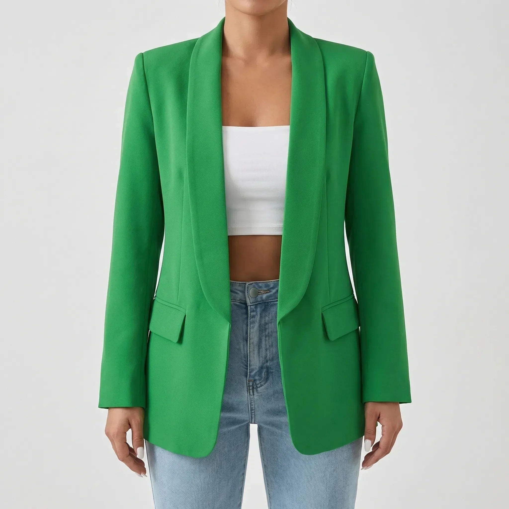 Elegant Blazer for Women with Shawl Collar Long Sleeve One Button Open Front Longline Style