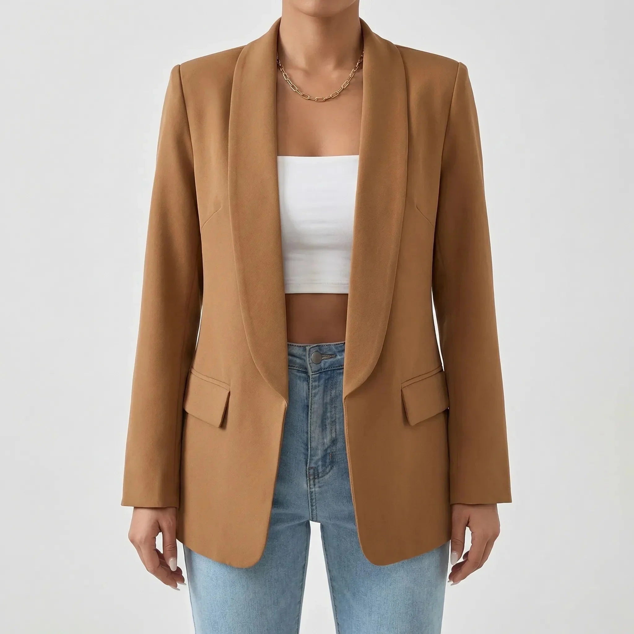 Elegant Blazer for Women with Shawl Collar Long Sleeve One Button Open Front Longline Style