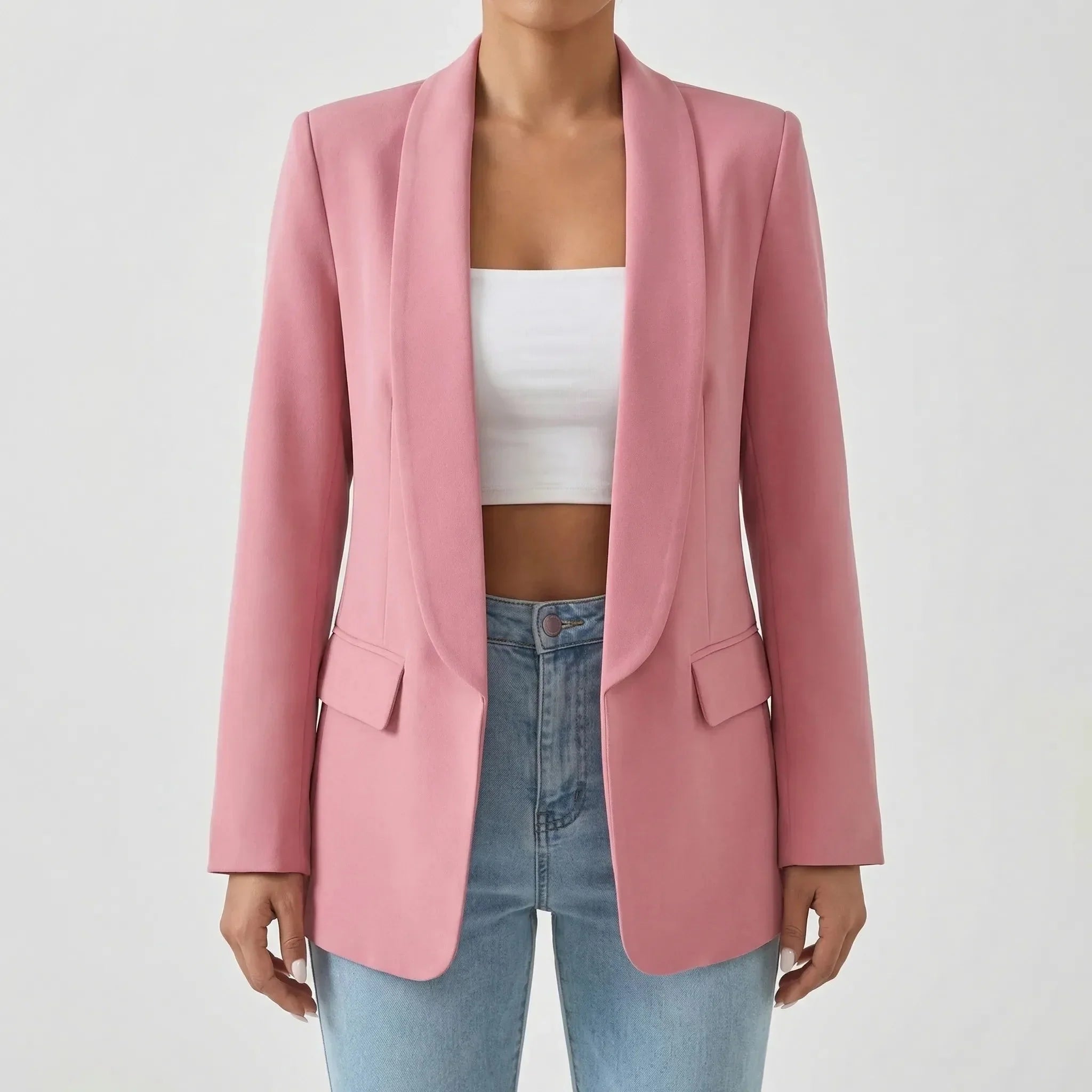 Elegant Blazer for Women with Shawl Collar Long Sleeve One Button Open Front Longline Style