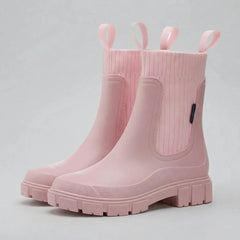 Women's Chelsea Rain Boots Slip-On Rubber Ankle Boots Chunky Lug Sole Elastic Gore Round Toe