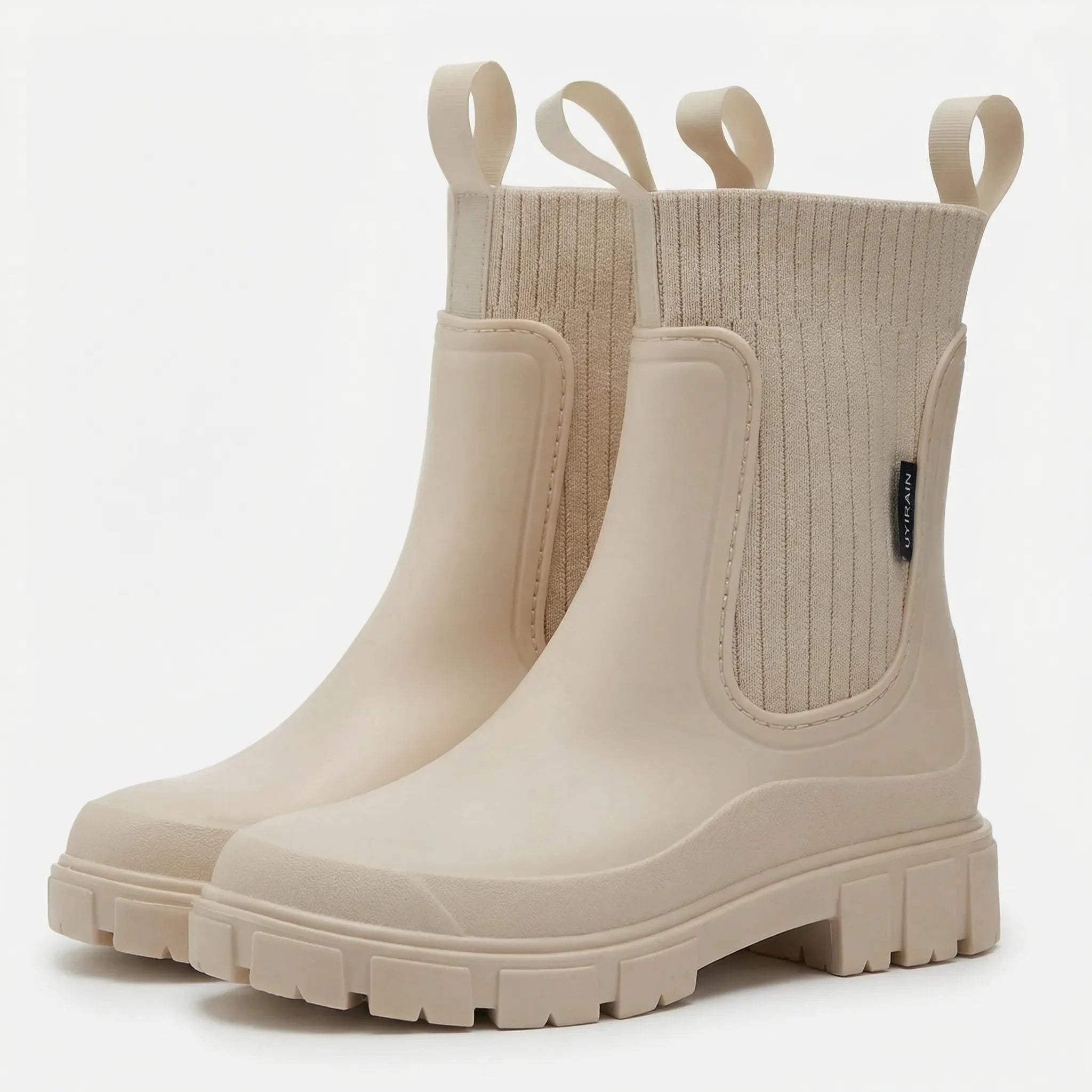 Women's Chelsea Rain Boots Slip-On Rubber Ankle Boots Chunky Lug Sole Elastic Gore Round Toe
