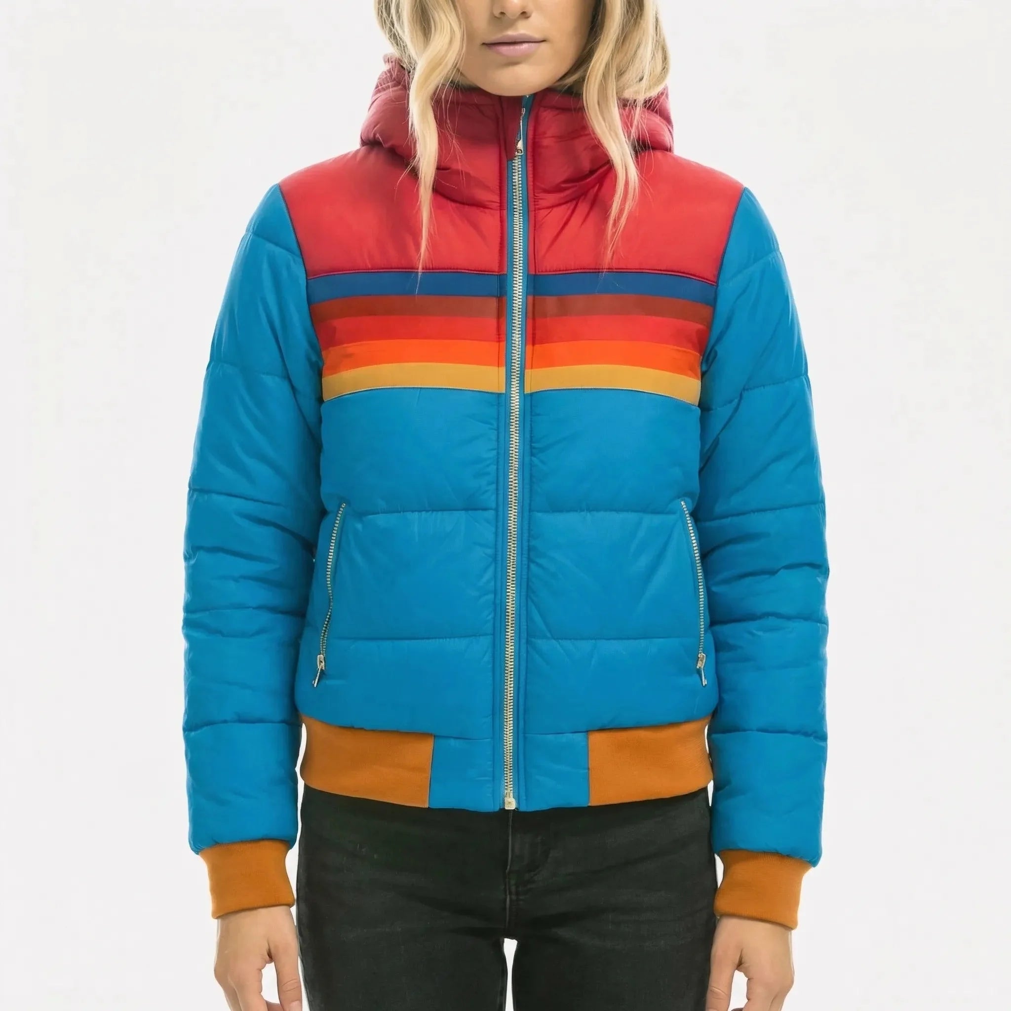 Chic Puffer Jacket for Women with Hooded Collar Long Sleeve Zip Up Colorblock Padded Style