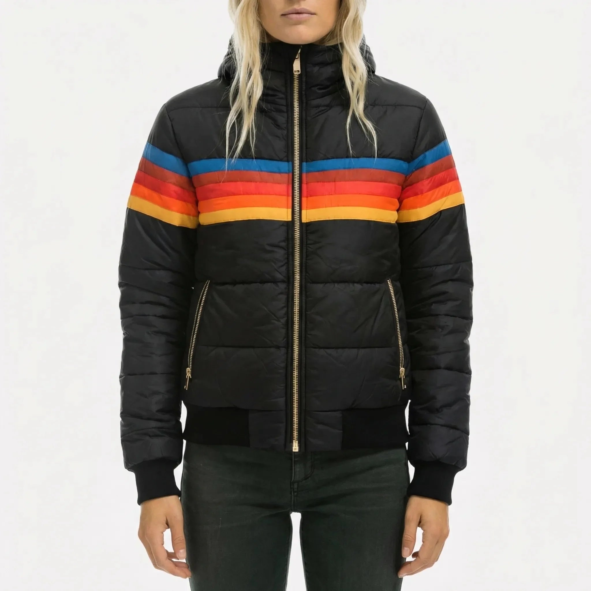 Chic Puffer Jacket for Women with Hooded Collar Long Sleeve Zip Up Colorblock Padded Style