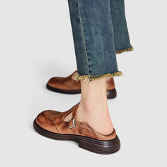 Comfortable Leather Mary Jane Shoes for Women with Round Toe T Strap Brogue Non Slip Flat Style