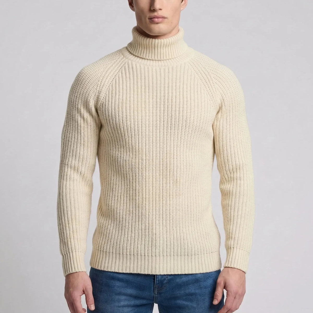 Cozy Beige Turtleneck Sweater for Men with Long Sleeve Ribbed Chunky Roll Neck Winter Style