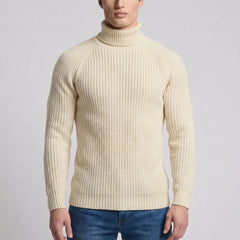 Cozy Beige Turtleneck Sweater for Men with Long Sleeve Ribbed Chunky Roll Neck Winter Style