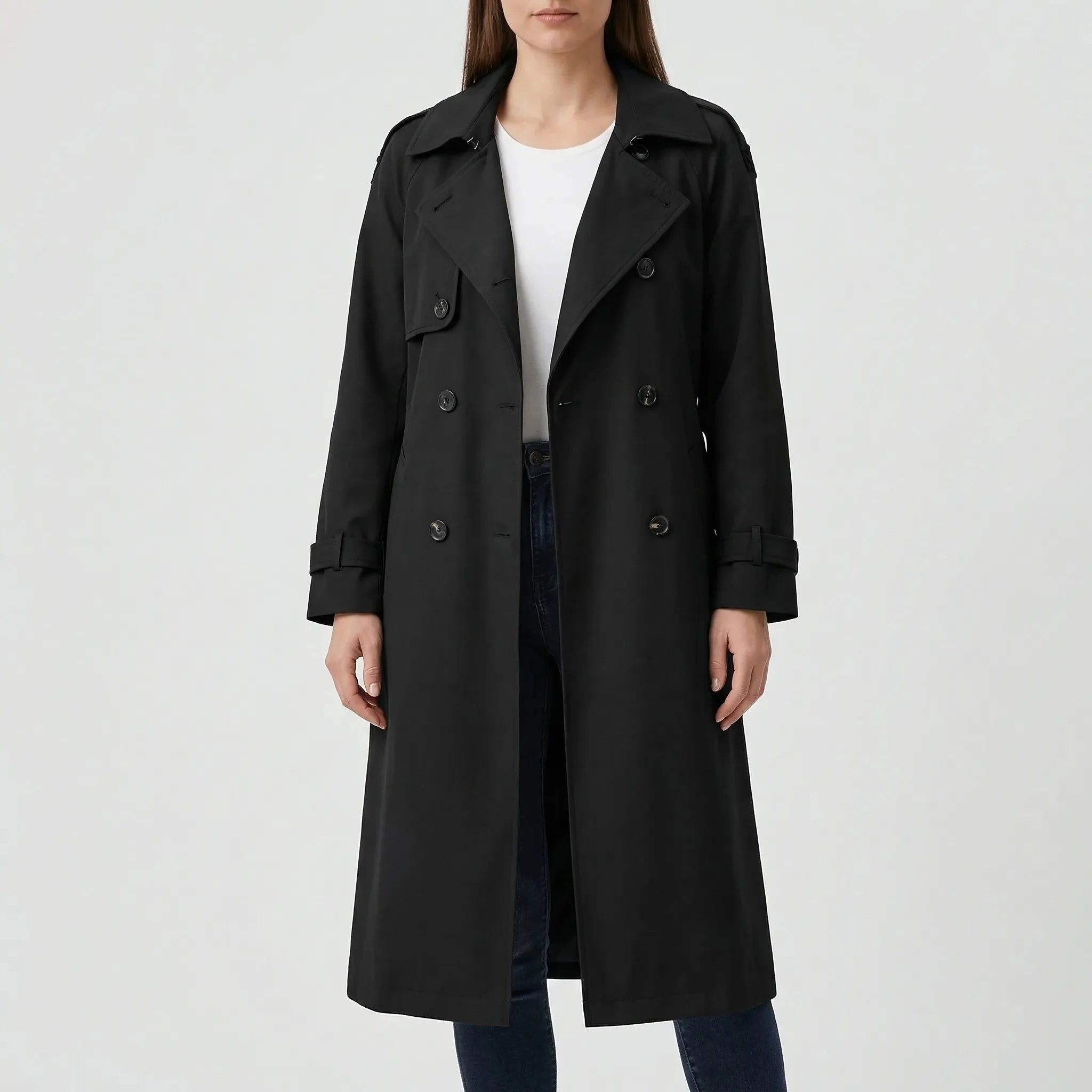 Classic Winter Trench Coat for Women with Notched Lapel Long Sleeve Double Breasted Belted Longline Style