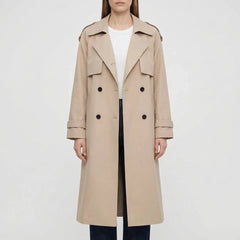 Classic Winter Trench Coat for Women with Notched Lapel Long Sleeve Double Breasted Belted Longline Style