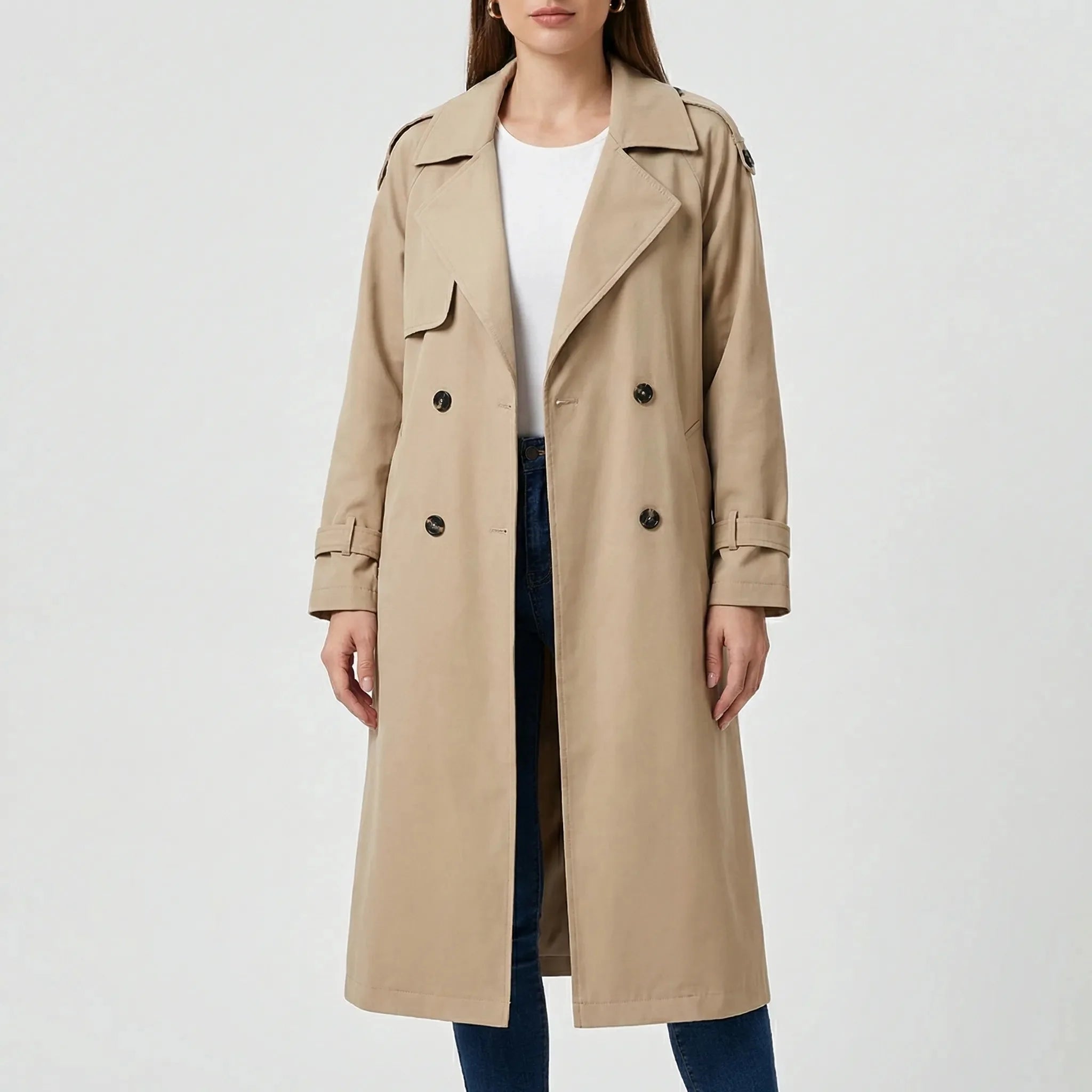 Classic Winter Trench Coat for Women with Notched Lapel Long Sleeve Double Breasted Belted Longline Style