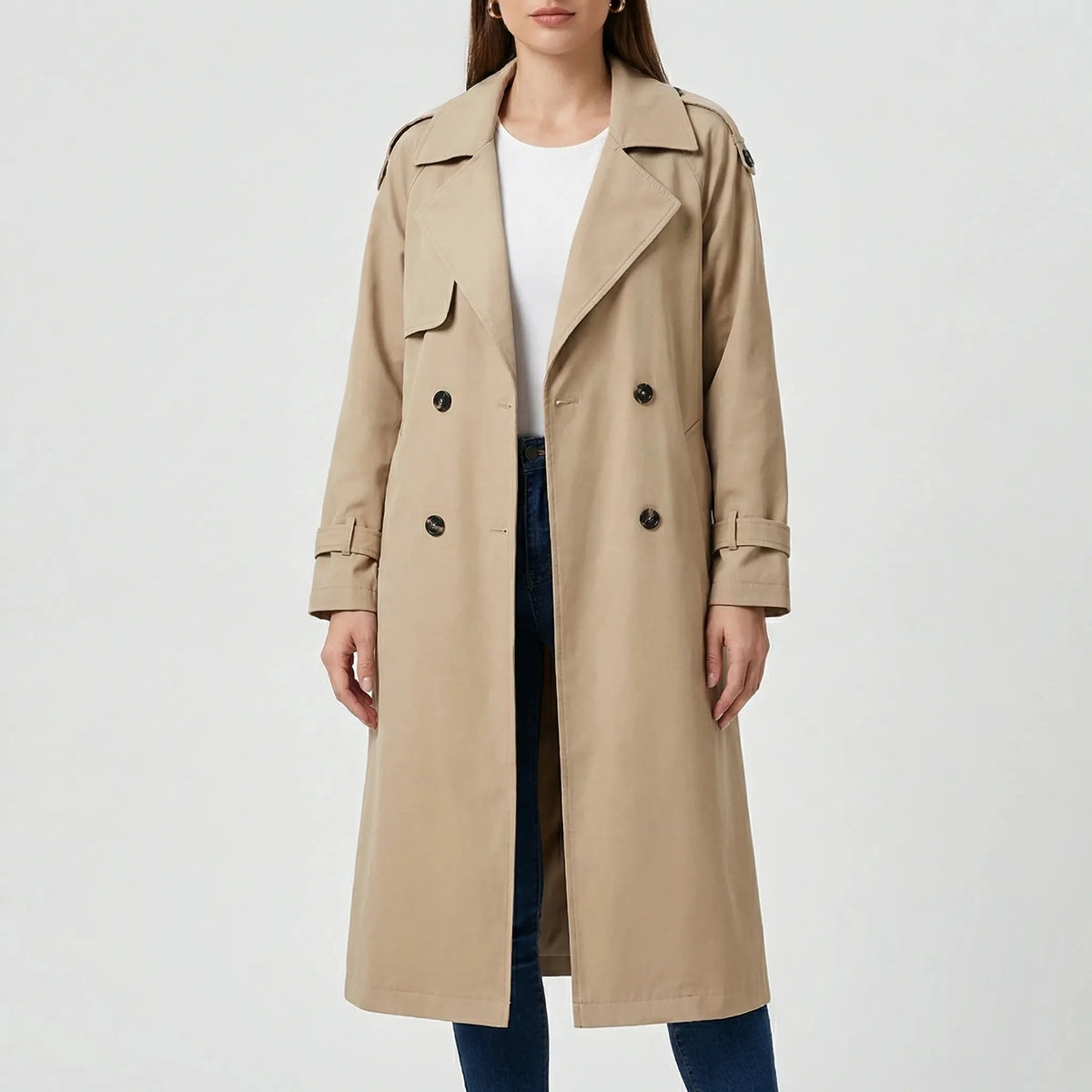 Classic Winter Trench Coat for Women with Notched Lapel Long Sleeve Double Breasted Belted Longline Style