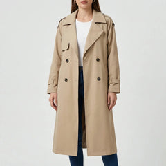 Classic Winter Trench Coat for Women with Notched Lapel Long Sleeve Double Breasted Belted Longline Style