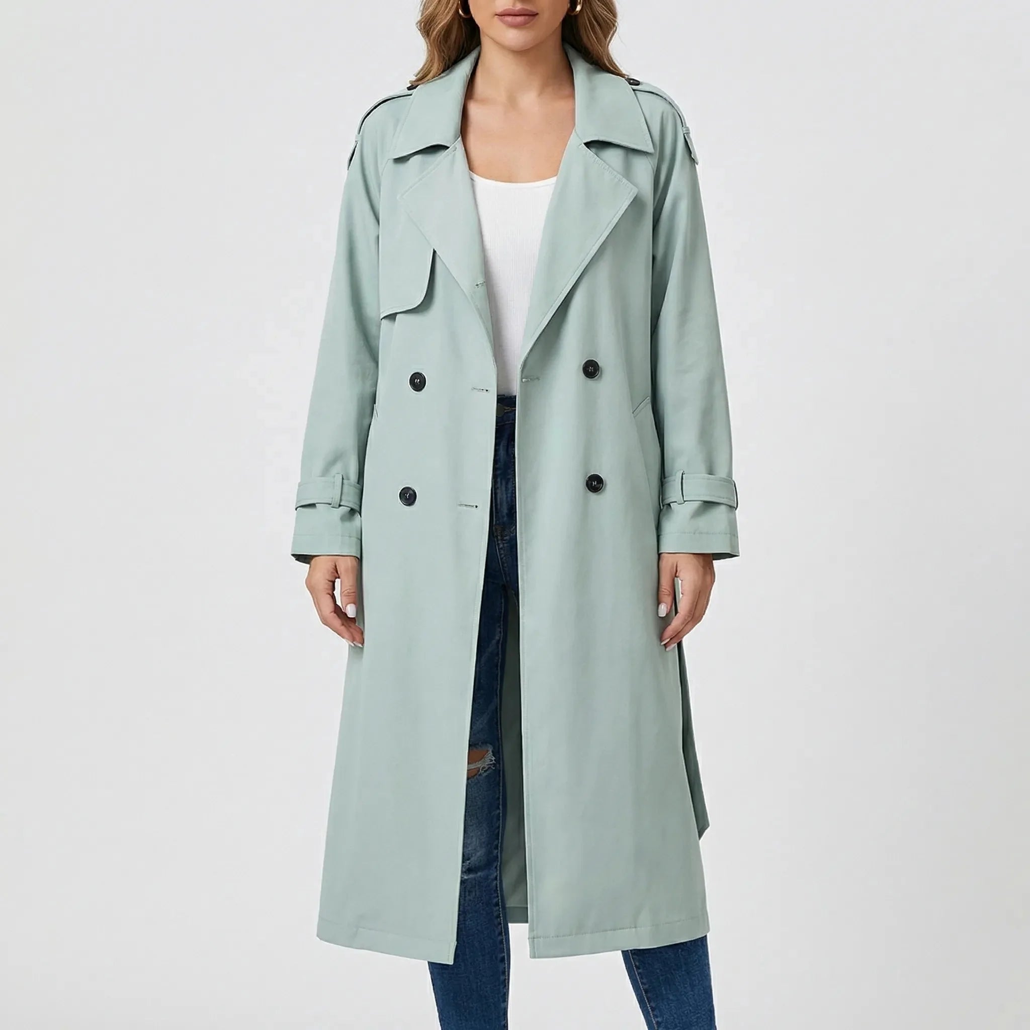Classic Winter Trench Coat for Women with Notched Lapel Long Sleeve Double Breasted Belted Longline Style