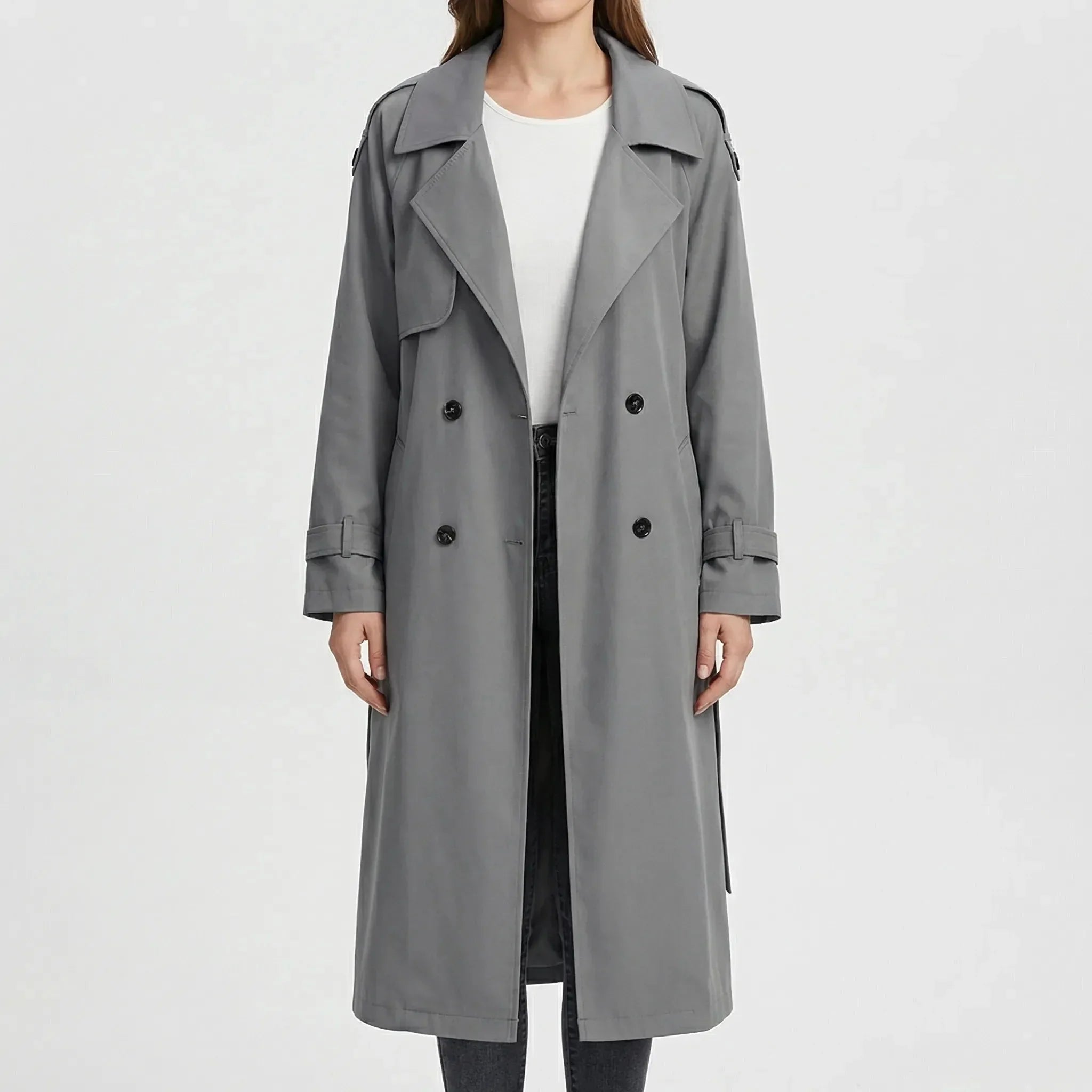 Classic Winter Trench Coat for Women with Notched Lapel Long Sleeve Double Breasted Belted Longline Style