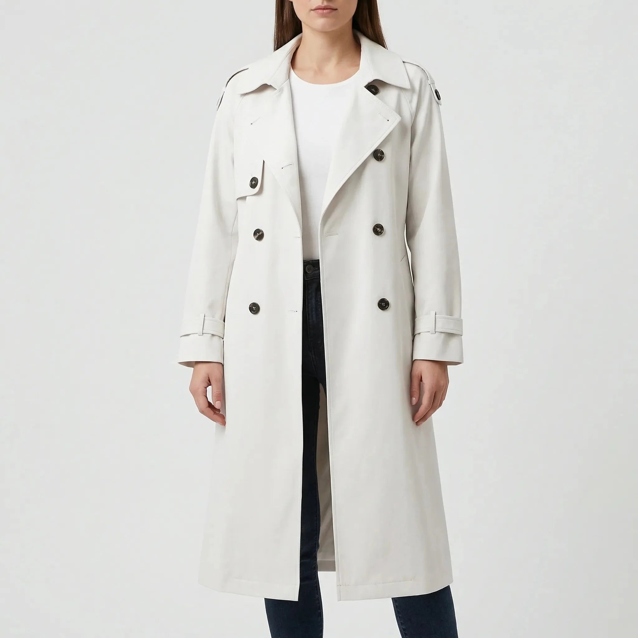 Classic Winter Trench Coat for Women with Notched Lapel Long Sleeve Double Breasted Belted Longline Style