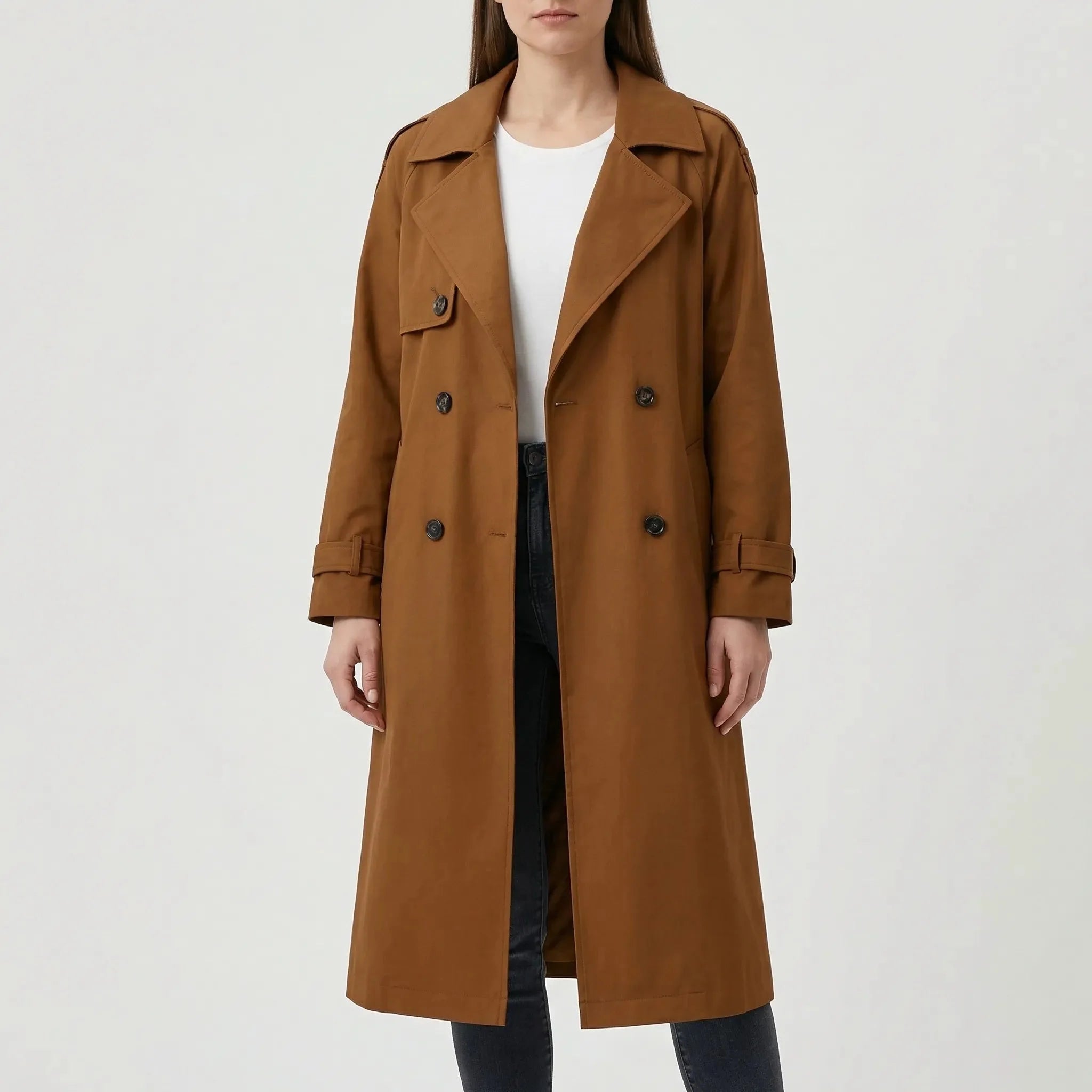 Classic Winter Trench Coat for Women with Notched Lapel Long Sleeve Double Breasted Belted Longline Style