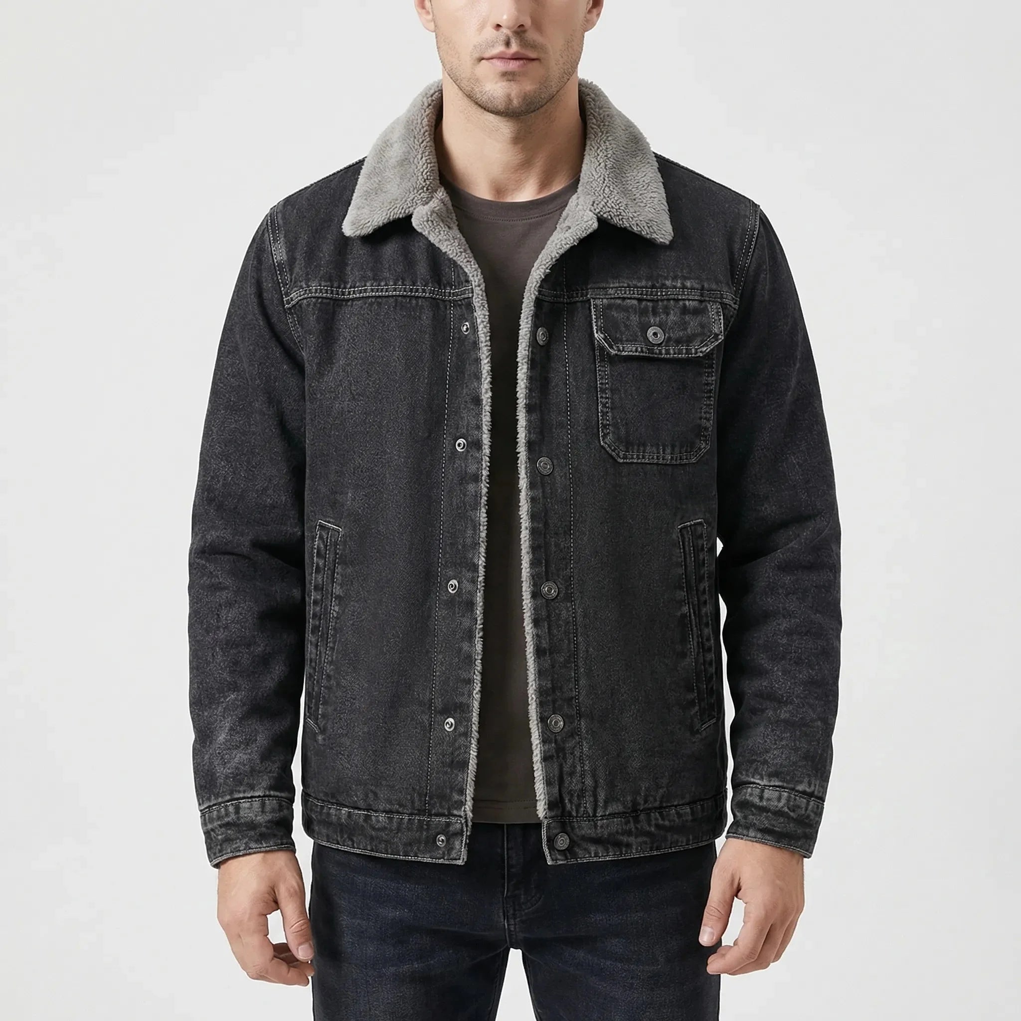 Warm Denim Jacket for Men with Sherpa Collar Long Sleeve Button Up Sherpa Lined Trucker Style