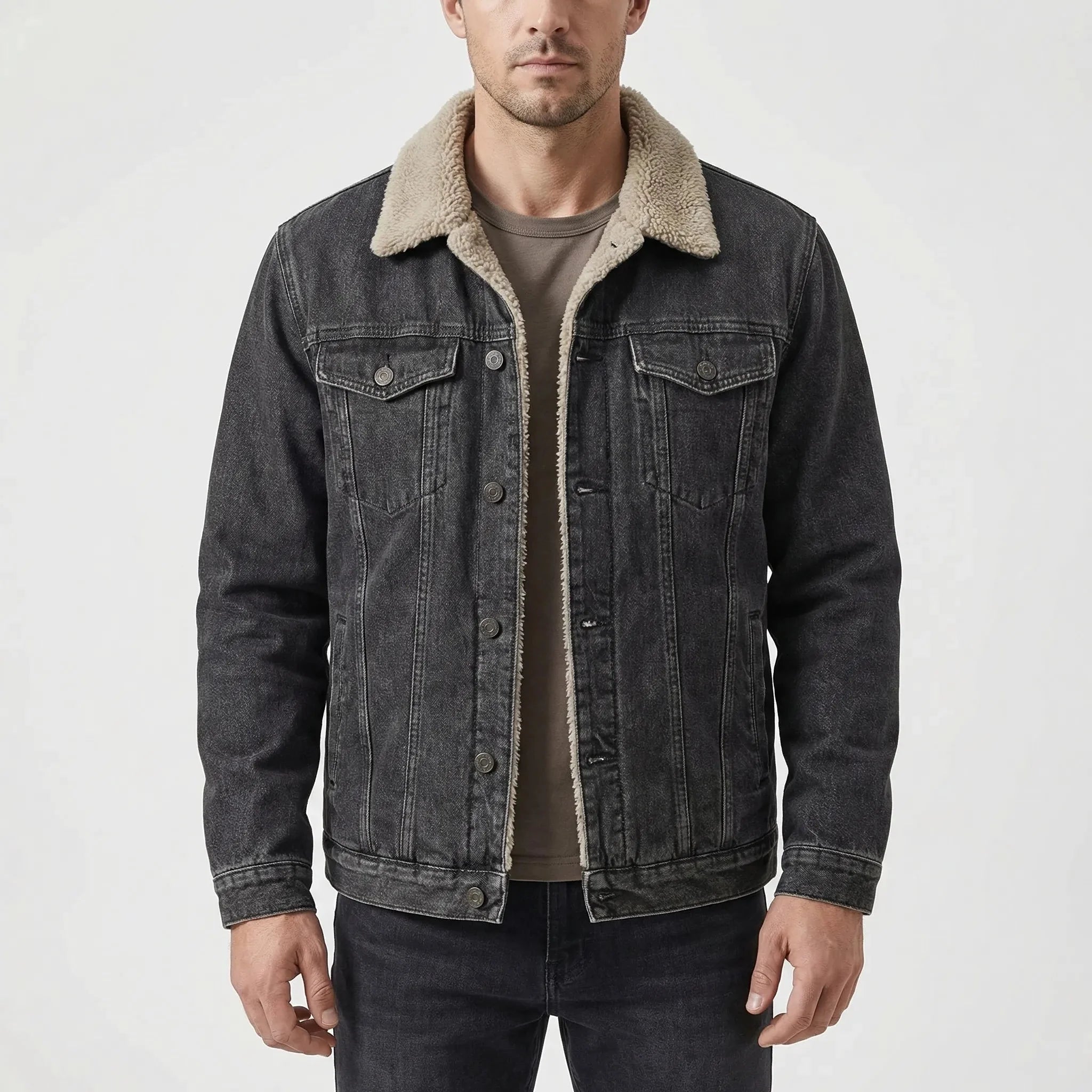 Warm Denim Jacket for Men with Sherpa Collar Long Sleeve Button Up Sherpa Lined Trucker Style