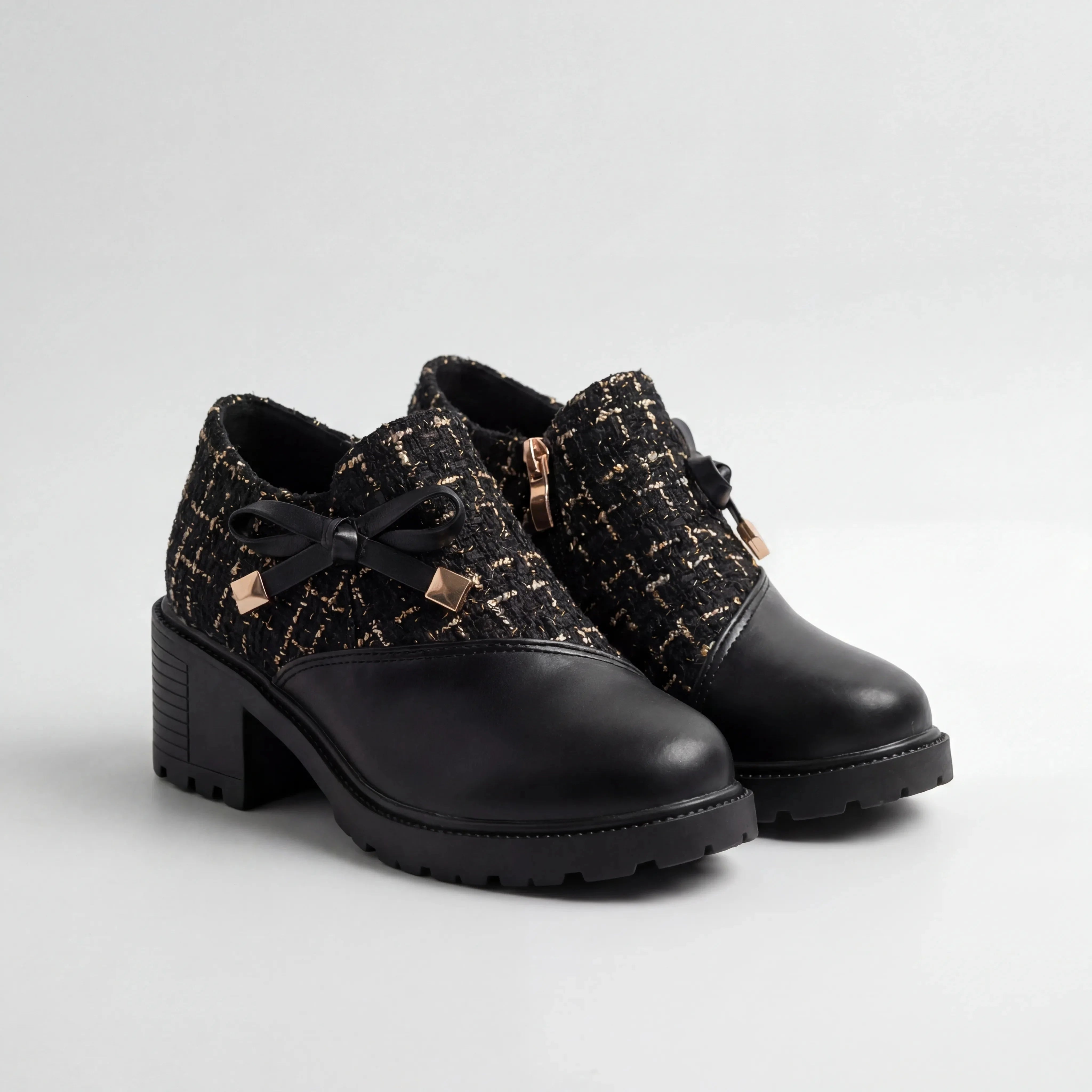 Women's Tweed Ankle Boots Block Heel Bow Zip Cap Toe Lug Sole Slip-On Booties
