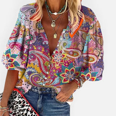 Stylish Paisley Print Blouse for Women with V Neck Three Quarter Sleeve Boho Flowy Style