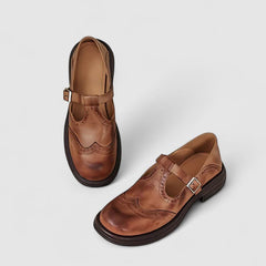 Comfortable Leather Mary Jane Shoes for Women with Round Toe T Strap Brogue Non Slip Flat Style