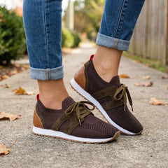 Comfortable Knit Sneakers for Women with Round Toe Lace Up Suede Trim Cushioned Low Top Style