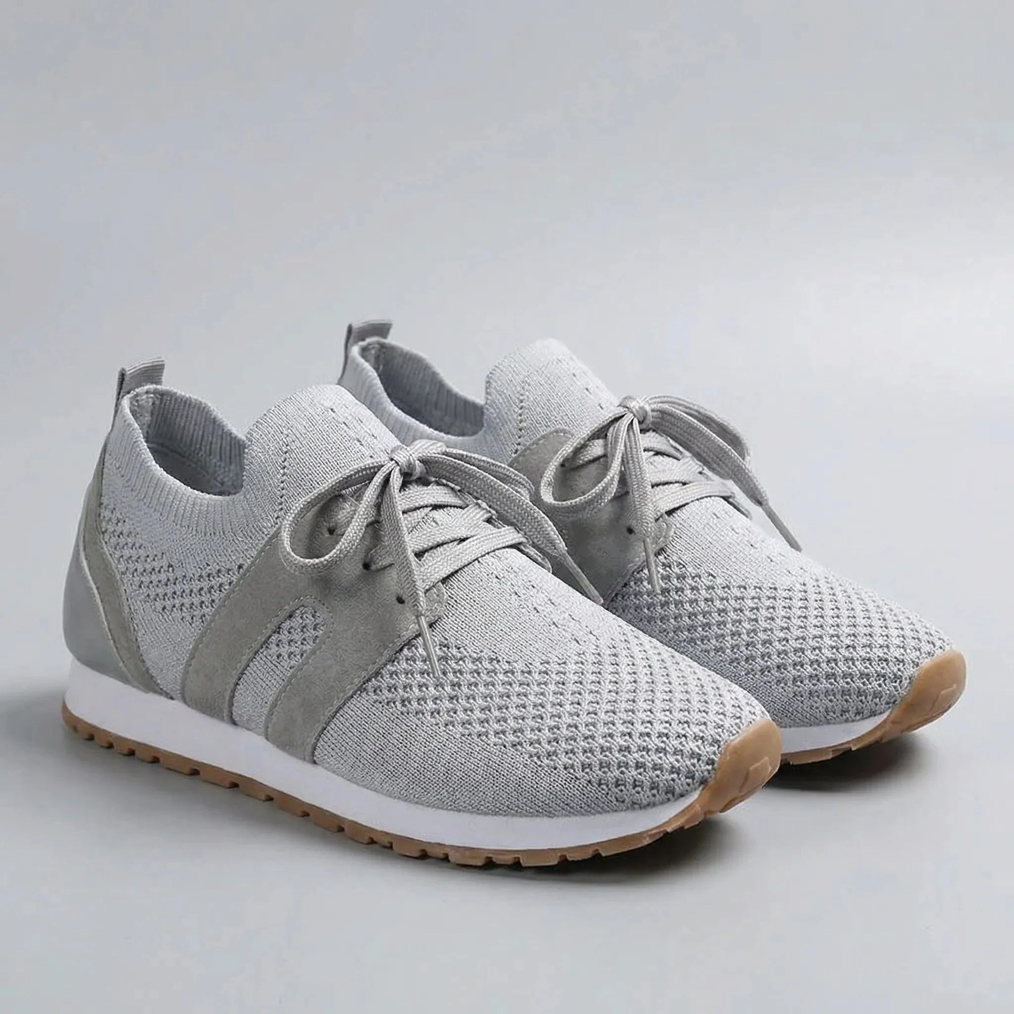 Comfortable Knit Sneakers for Women with Round Toe Lace Up Suede Trim Cushioned Low Top Style