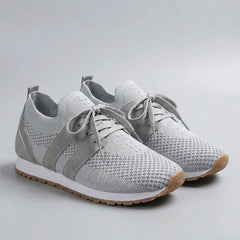 Comfortable Knit Sneakers for Women with Round Toe Lace Up Suede Trim Cushioned Low Top Style