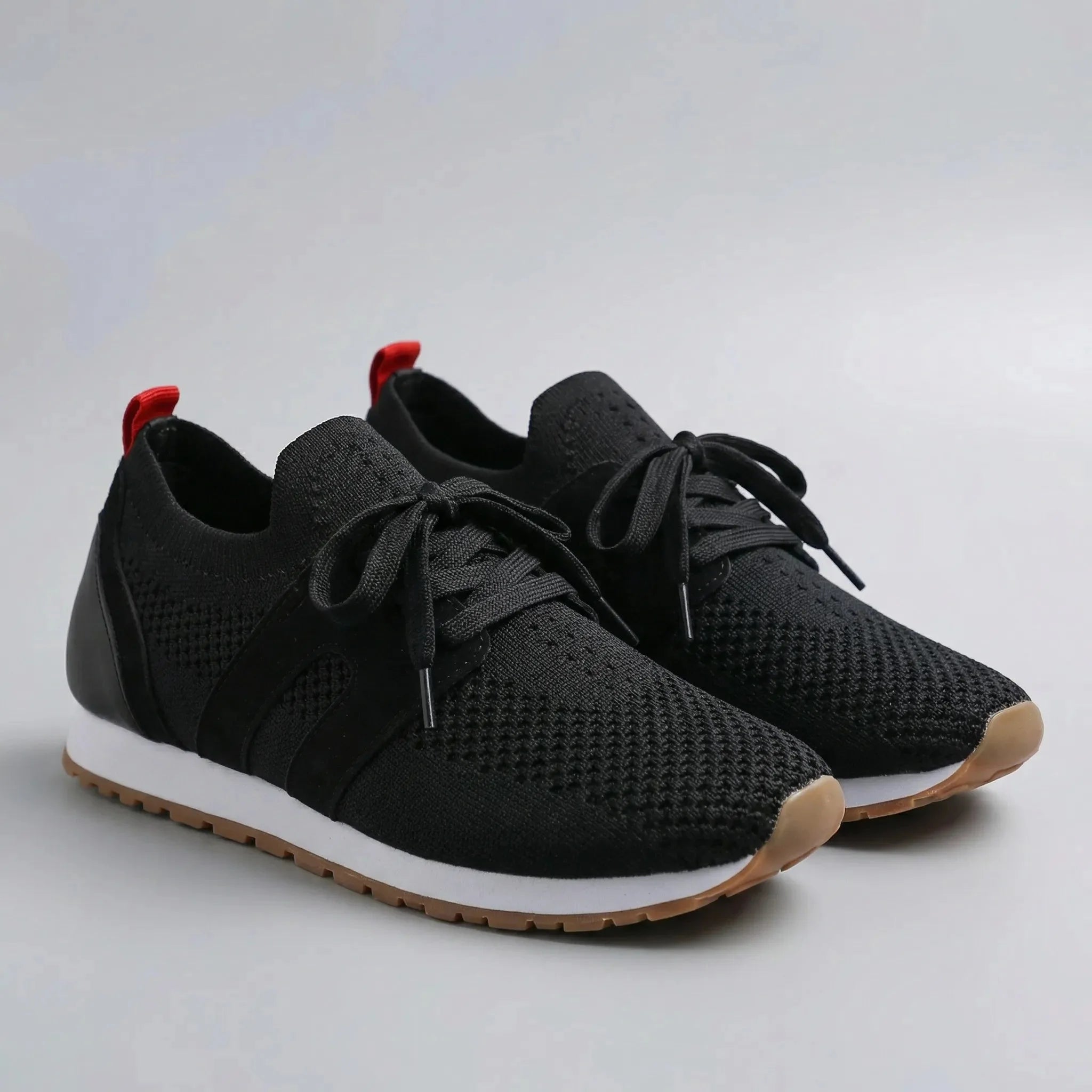 Comfortable Knit Sneakers for Women with Round Toe Lace Up Suede Trim Cushioned Low Top Style
