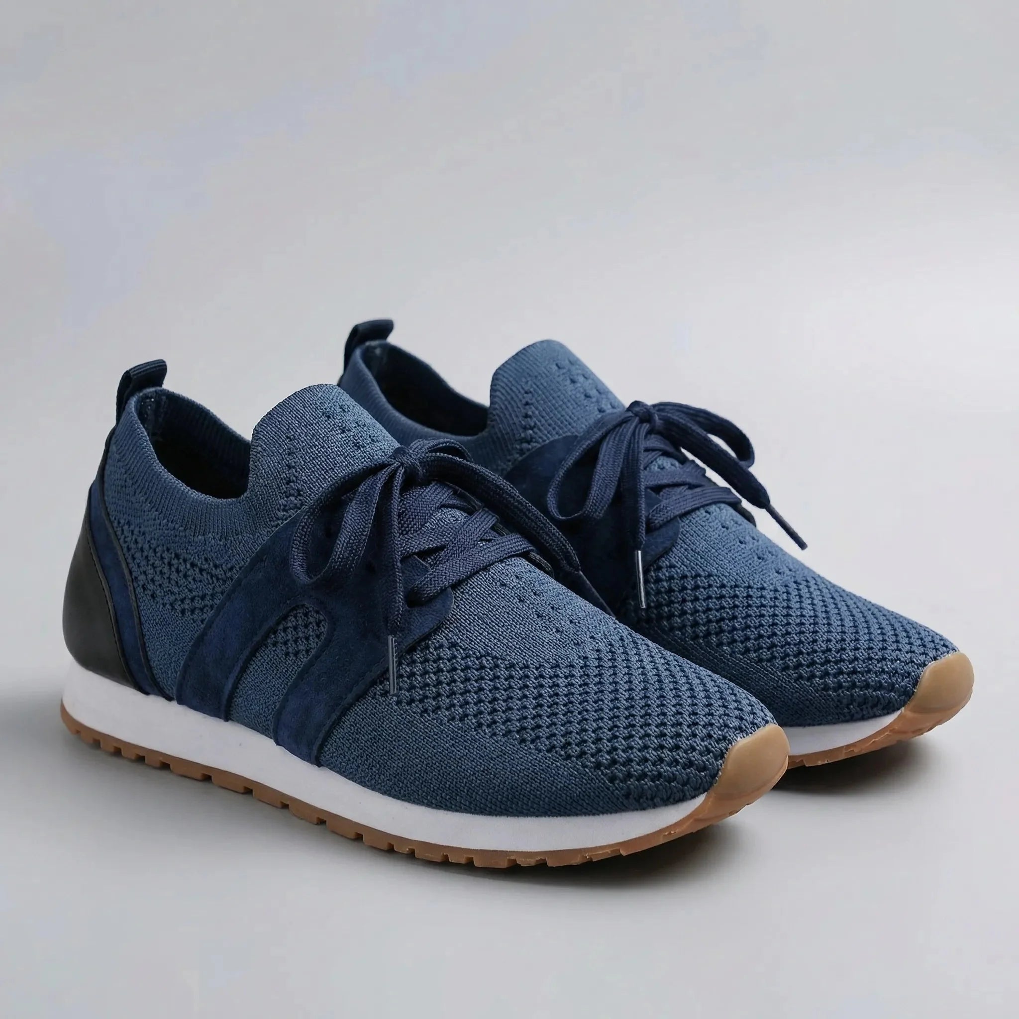 Comfortable Knit Sneakers for Women with Round Toe Lace Up Suede Trim Cushioned Low Top Style