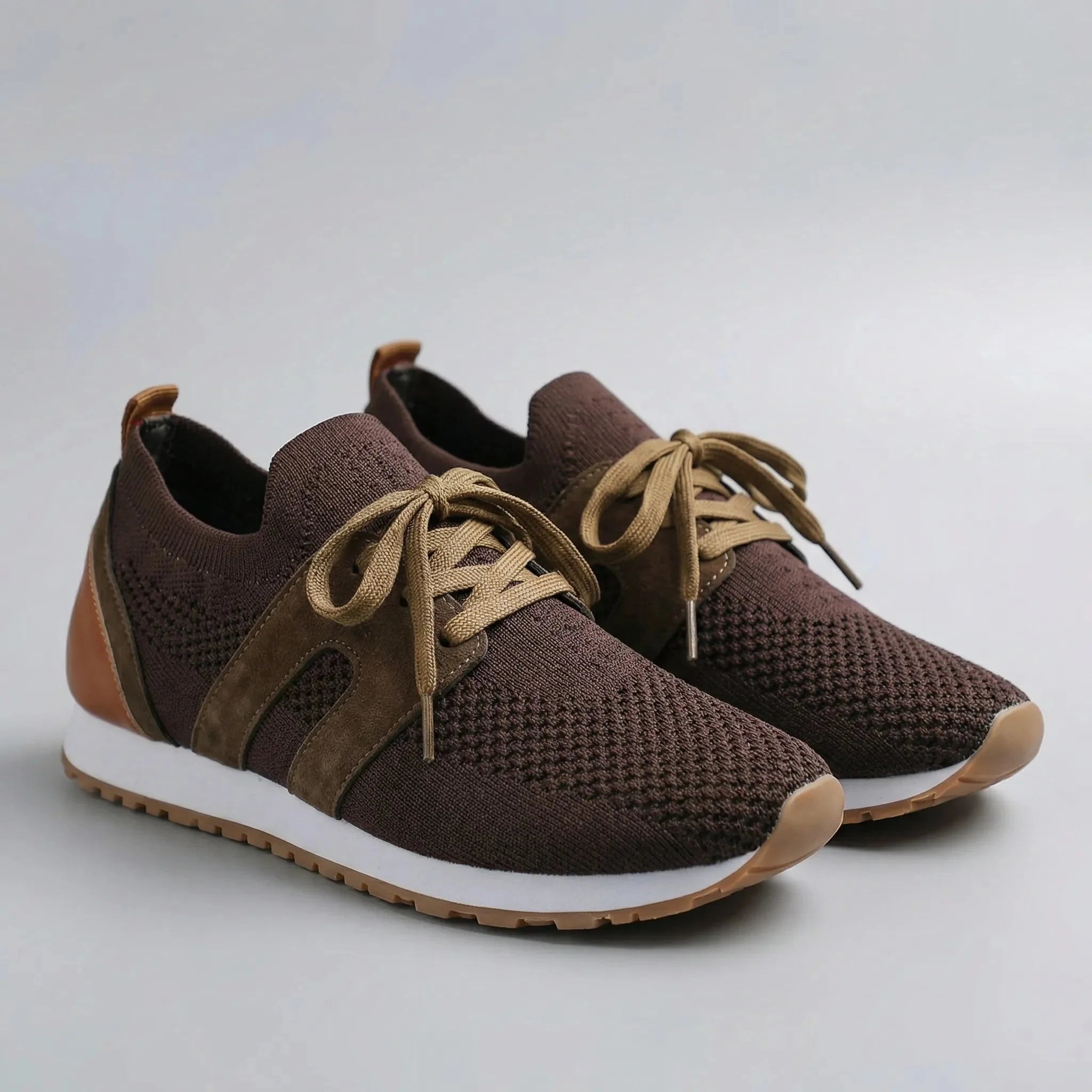 Comfortable Knit Sneakers for Women with Round Toe Lace Up Suede Trim Cushioned Low Top Style