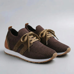 Comfortable Knit Sneakers for Women with Round Toe Lace Up Suede Trim Cushioned Low Top Style