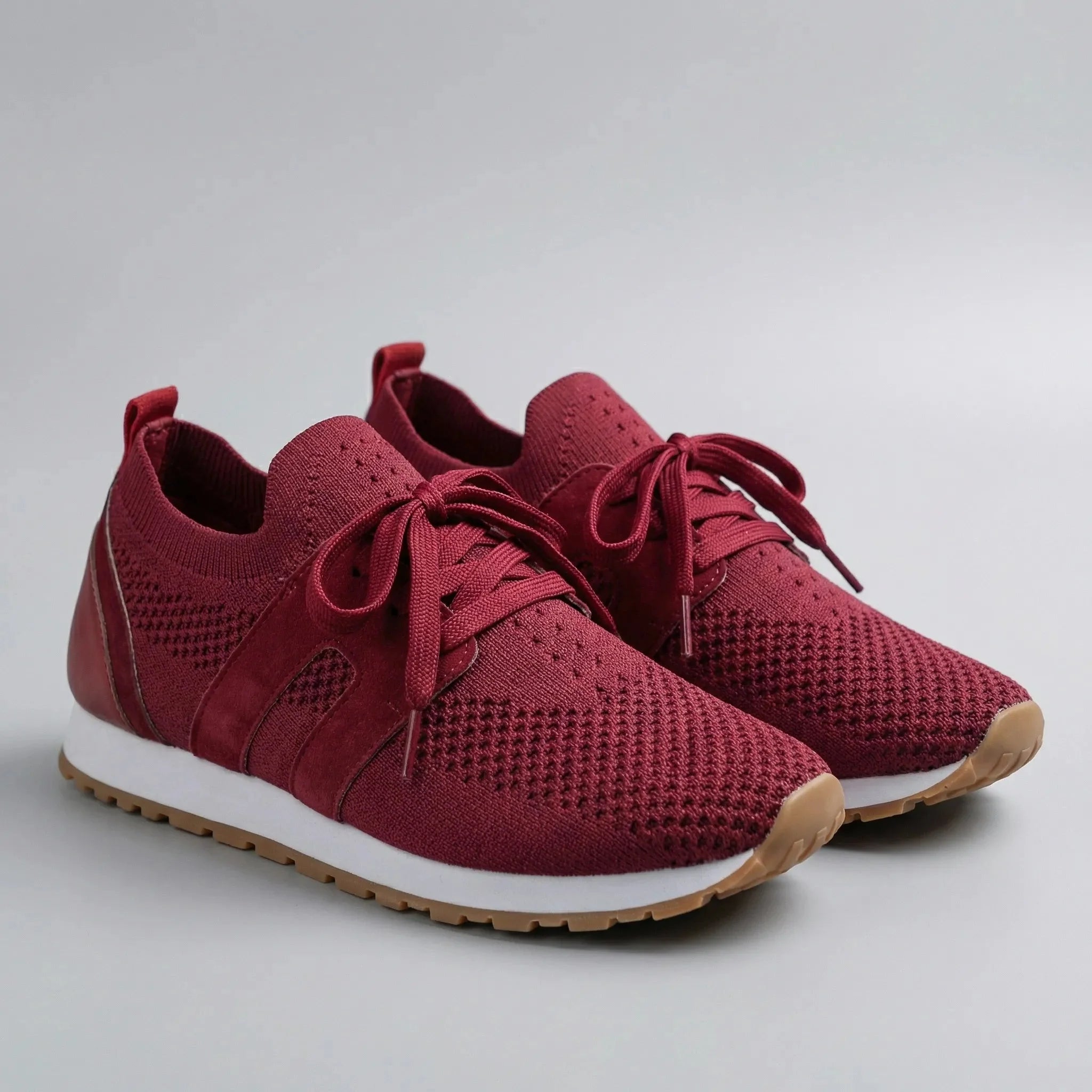 Comfortable Knit Sneakers for Women with Round Toe Lace Up Suede Trim Cushioned Low Top Style