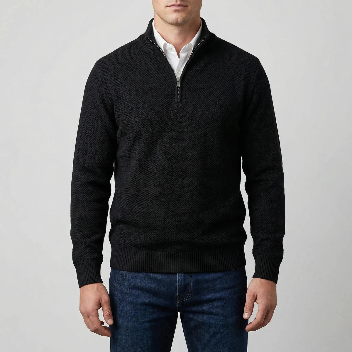 Cozy Knit Half-Zip Sweater for Men with Stand Collar Long Sleeve Pullover Ribbed Winter Style