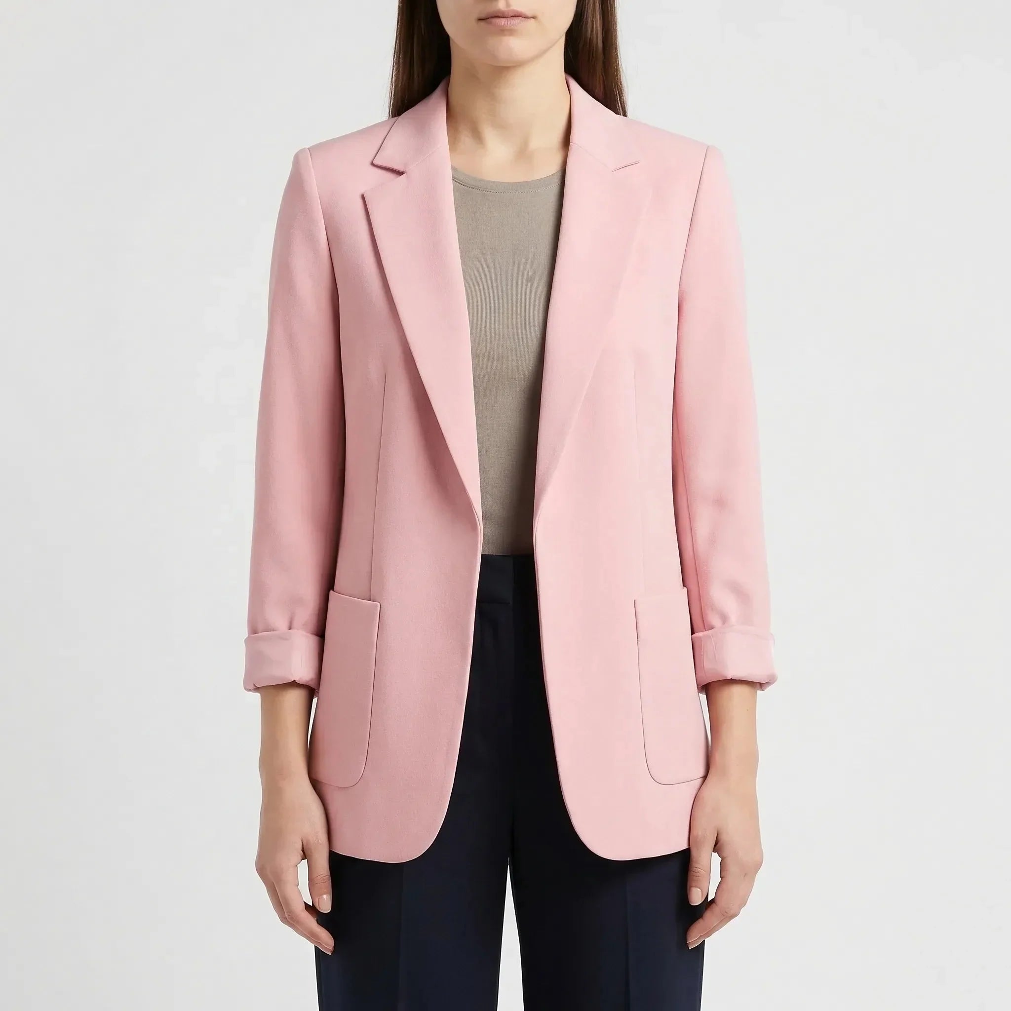 Effortless Blazer for Women with Notched Lapel Long Sleeve Open Front Patch Pocket Longline Style