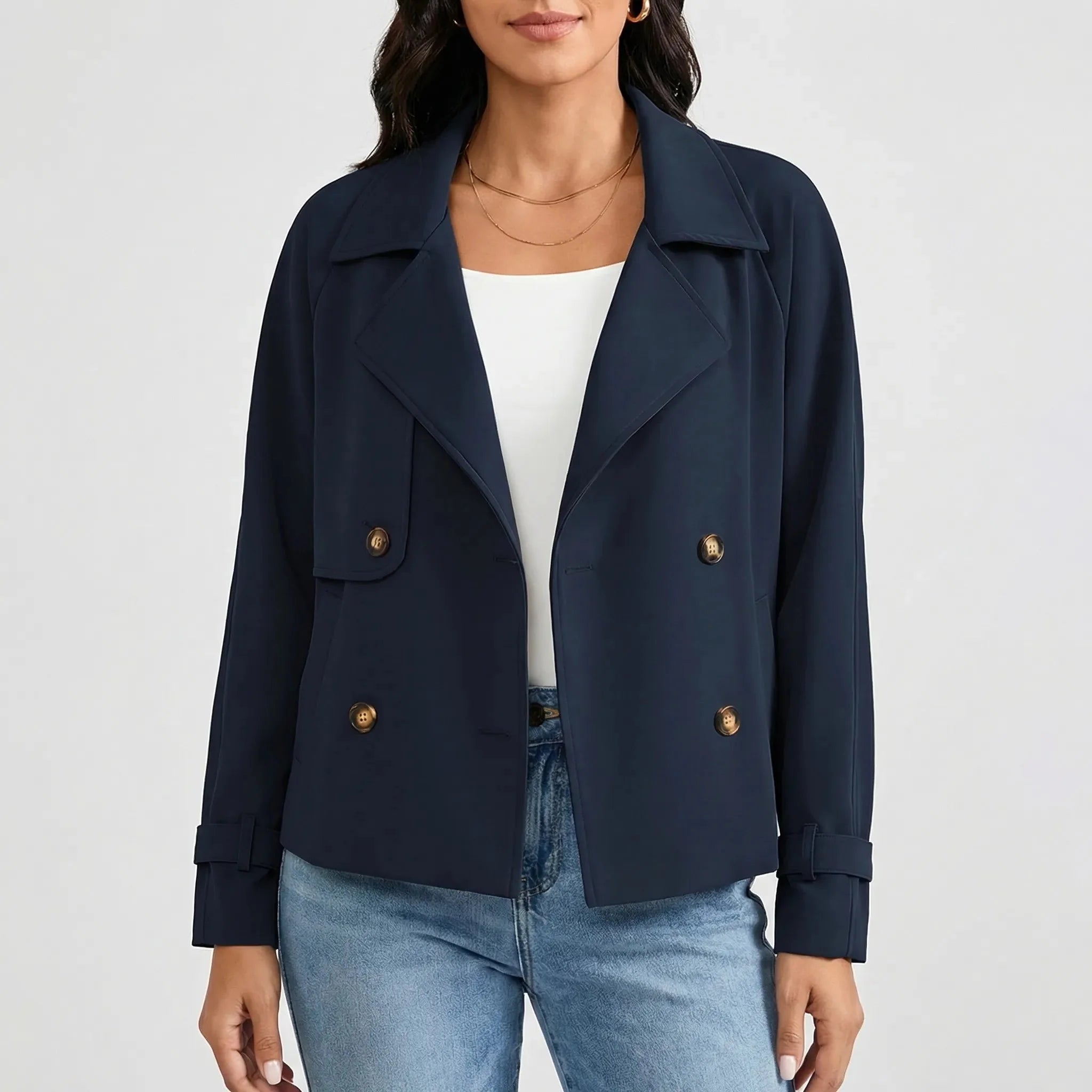 Chic Blazer for Women with Wide Lapel Long Sleeve Double Breasted Cuff Tab Cropped Style
