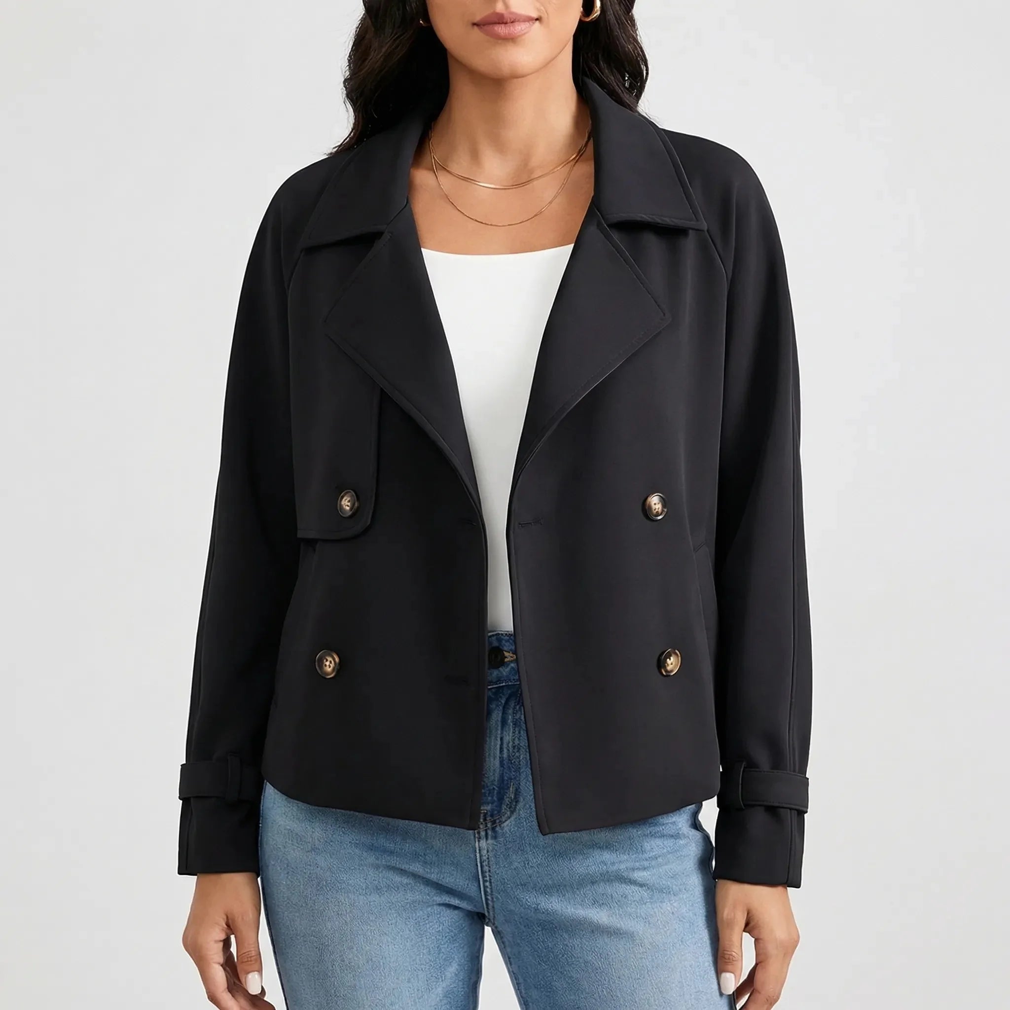 Chic Blazer for Women with Wide Lapel Long Sleeve Double Breasted Cuff Tab Cropped Style