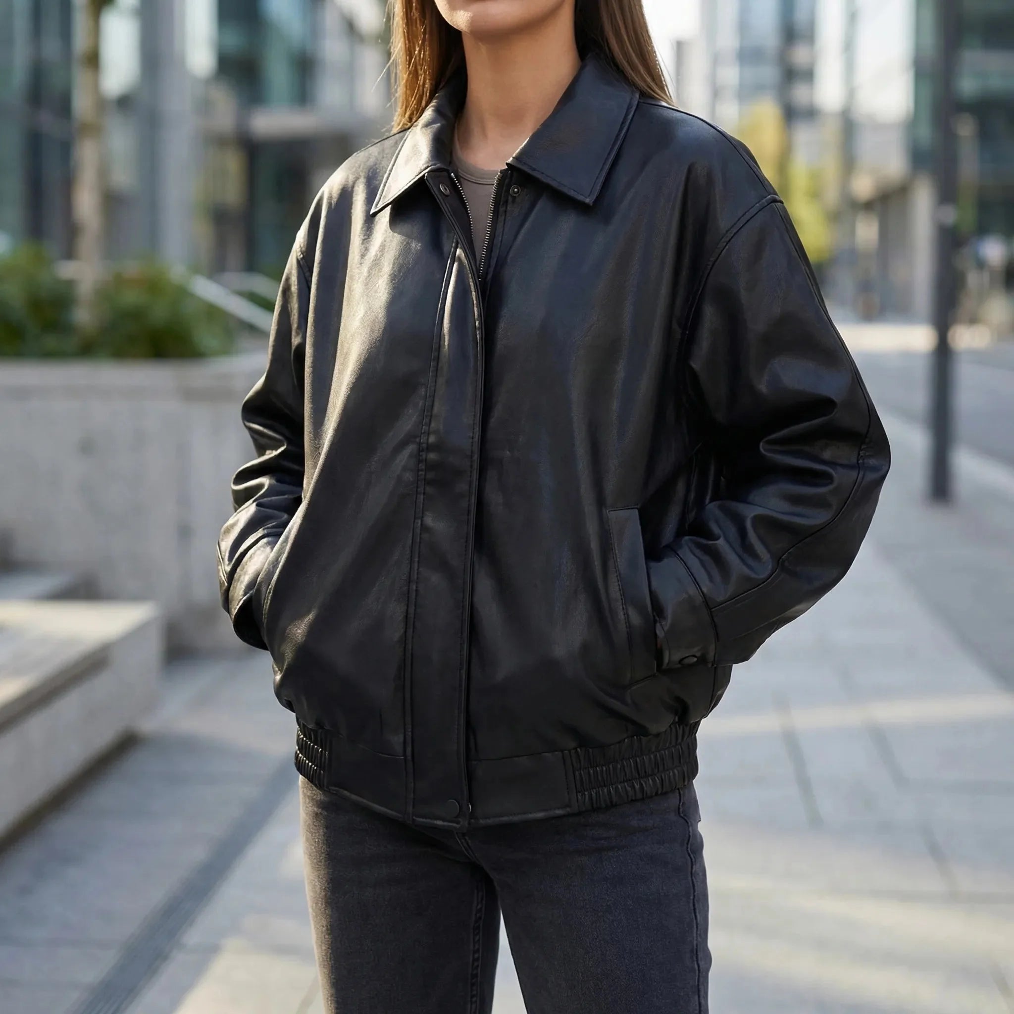 Women's Faux Leather Bomber Jacket Oversized Zip-Up Collared Slouchy Slash Pocket Ribbed Hem