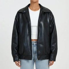 Women's Faux Leather Bomber Jacket Oversized Zip-Up Collared Slouchy Slash Pocket Ribbed Hem