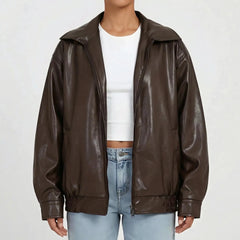 Women's Faux Leather Bomber Jacket Oversized Zip-Up Collared Slouchy Slash Pocket Ribbed Hem