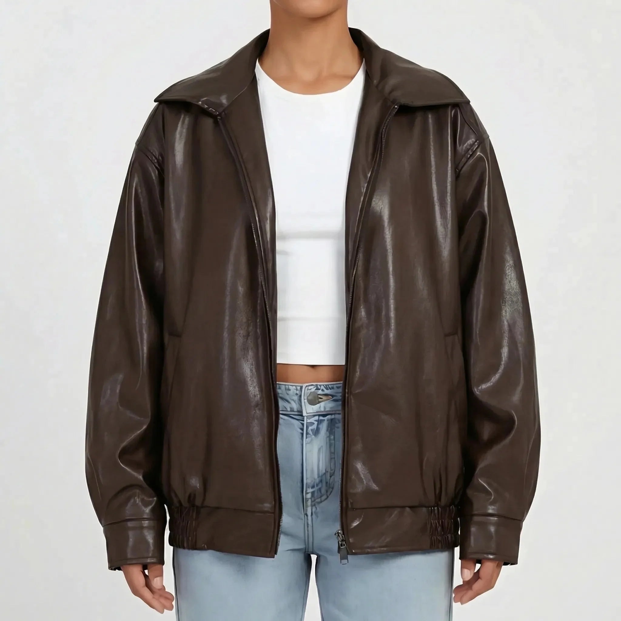Women's Faux Leather Bomber Jacket Oversized Zip-Up Collared Slouchy Slash Pocket Ribbed Hem