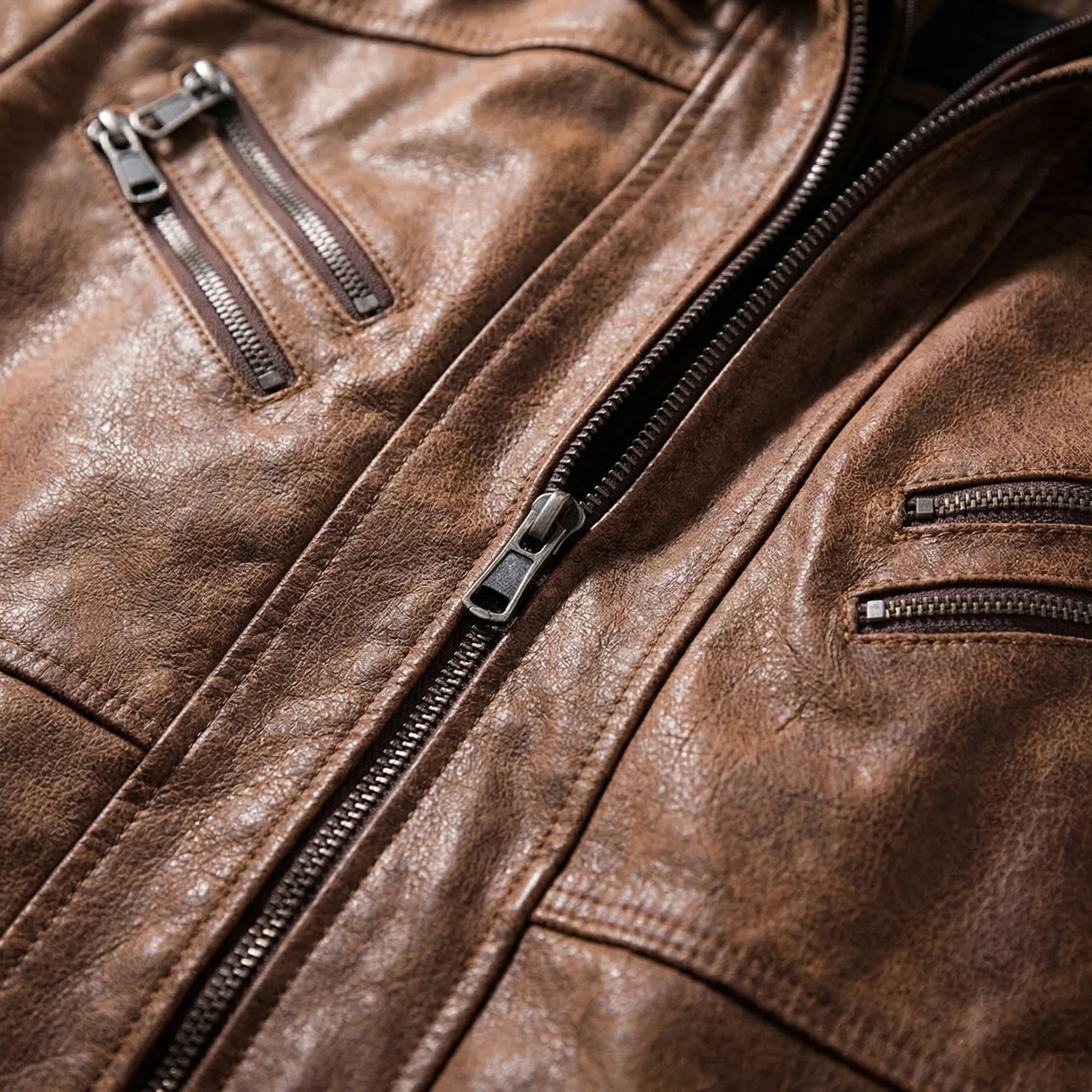 Edgy Leather Jacket for Men with Removable Hood Long Sleeve Zip Up Bomber Moto Style