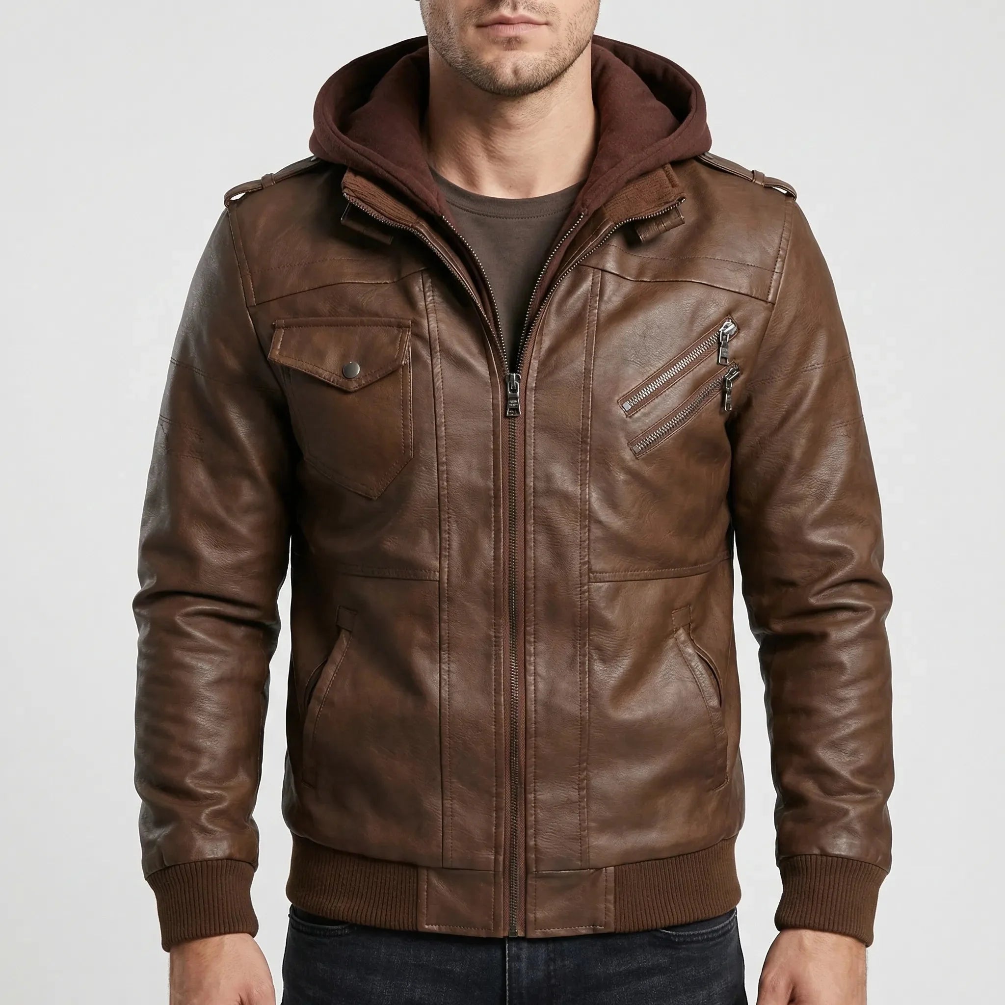 Edgy Leather Jacket for Men with Removable Hood Long Sleeve Zip Up Bomber Moto Style